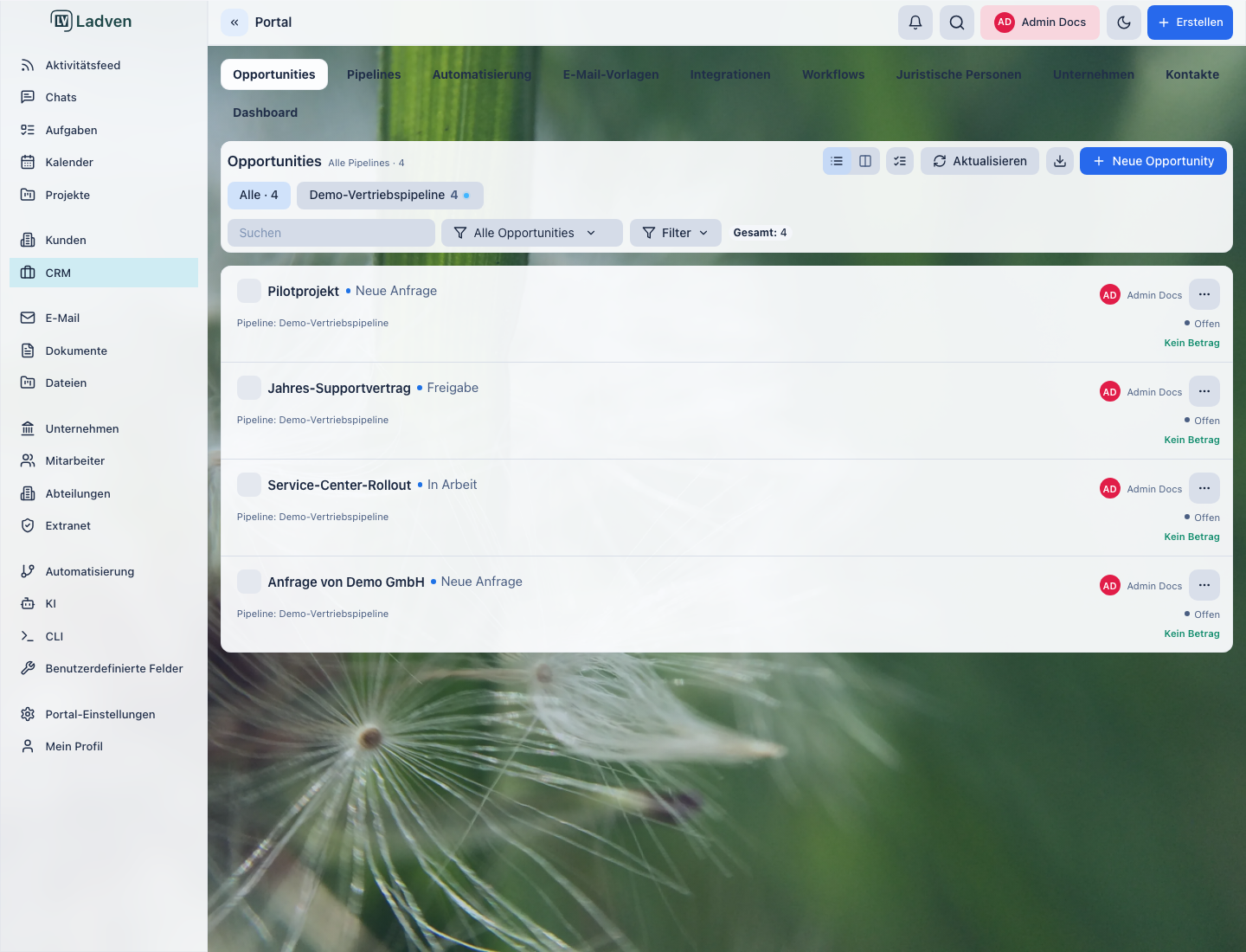 CRM-Opportunity-Board: die Demo-Vertriebspipeline mit Deals nach Phasen