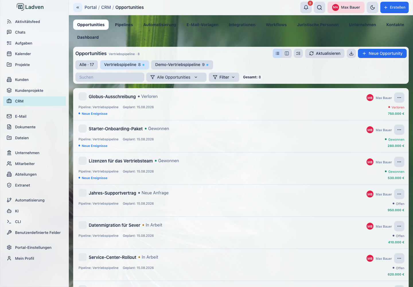 CRM-Opportunity-Liste: Deals der Pipeline „Vertriebspipeline“ mit Phase, Kunde und Betrag