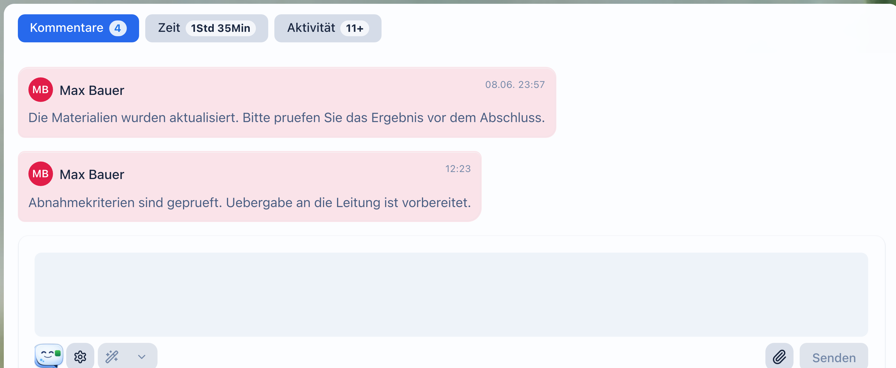 Zwei Aufgabenkommentare, die den Prüfkontext und den nächsten inhaltlichen Check festhalten