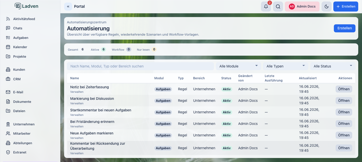 Automatisierungszentrum: Regeln, Vorlagen und wiederkehrende Szenarien in einer Tabelle